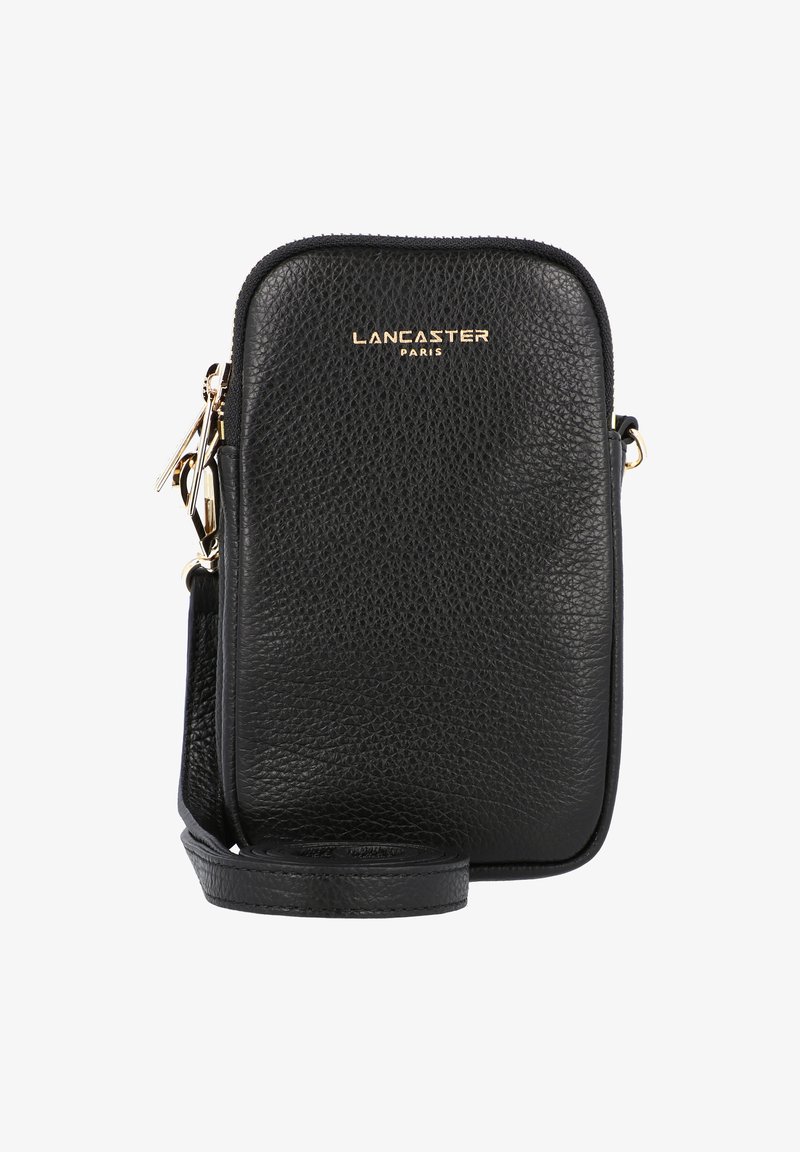 Borsa a tracolla nera in pelle con finitura testurizzata, lettering dorato e chiusura con zip. Include una tracolla rimovibile per una maggiore versatilità.