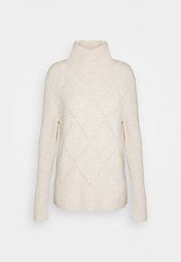 Beige knit turtleneck sweater with a diamond pattern, ribbed cuffs, and hem. Soft texture, relaxed fit, no visible closures or embellishments.