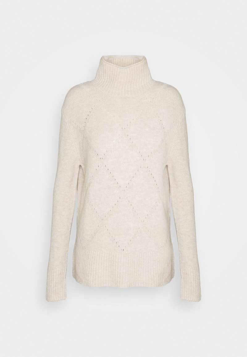 Beige knit turtleneck sweater with a diamond pattern, ribbed cuffs, and hem. Soft texture, relaxed fit, no visible closures or embellishments.