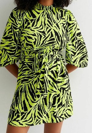 Mujer con un vestido corto de color verde neón con rayas negras abstractas de cebra y mangas abullonadas hasta tres cuartos, atado a la cintura.