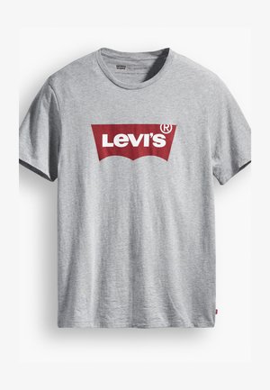 Gray cotton t-shirt featuring a red Levi's logo in a curved design. Short sleeves, crew neck, and a tag on the bottom left.