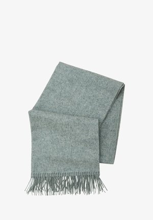 Lichtblauwe wollen sjaal met franjerand, met een zachte, textuur oppervlak en een gladde, rechthoekige vorm.
