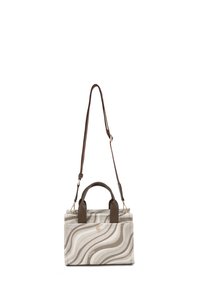Petit sac à main beige et marron avec motif ondulé, doubles poignées et une longue bandoulière réglable.