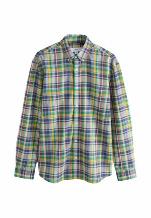 Langärmliges Hemd zum Knöpfen mit grünem, blauem, gelbem und beigem Karomuster, ausgestattet mit einem Button-Down-Kragen.