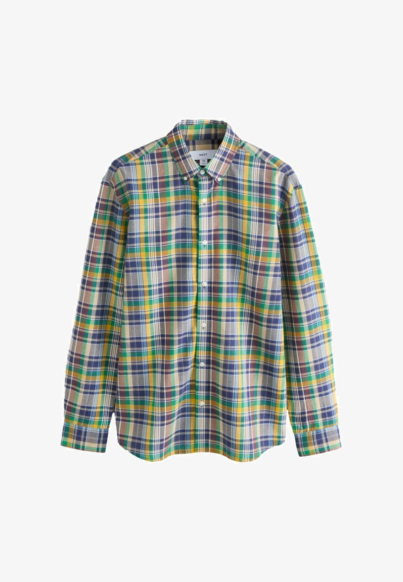 Chemise à manches longues avec boutons, à motif à carreaux verts, bleus, jaunes et beiges, présentant un col boutonné.