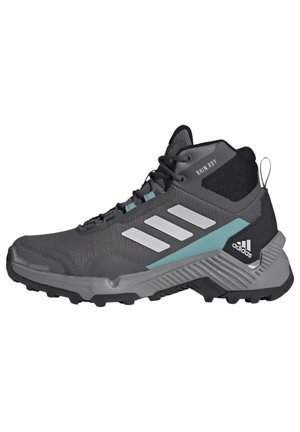 Grå og sort Adidas Rain RDY vandresko med lyseblå accenter og robust sål designet til udendørs brug.