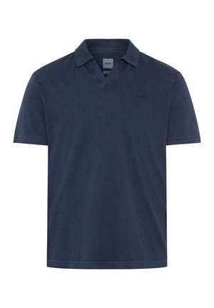 Polo blu navy a maniche corte con colletto morbido e apertura a V, design semplice e logo discreto sul petto sinistro.