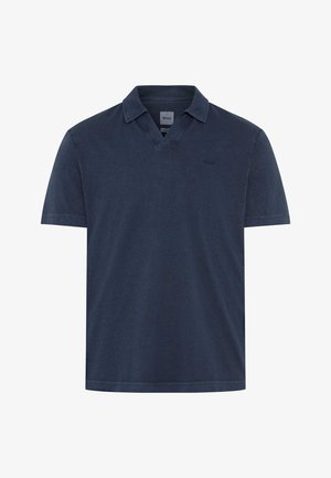 Marineblaues kurzärmeliges Poloshirt mit weichem Kragen und V-Ausschnitt, schlichtem Design und dezentem Logo auf der linken Brustseite.