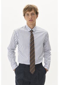 Camisa de vestir de algodón a rayas en blanco y azul, con mangas largas y cuello tipo camisa, acompañada de una corbata marrón con rayas azules.