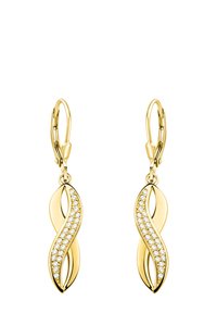 Guldtonade örhängen med ett svävande mönster som har en rad klara ädelstenar längs ena sidan och en spärrback för säker användning.