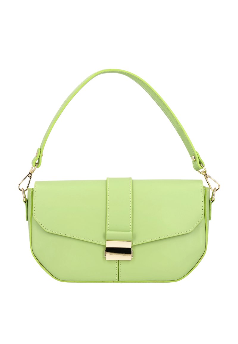 Vihreä keinonahkainen käsilaukku, jossa on kultainen suljin, yksittäinen säädettävä kahva ja kulmikas rakenne. Sileä pinta ja minimaalinen ommeltyö.