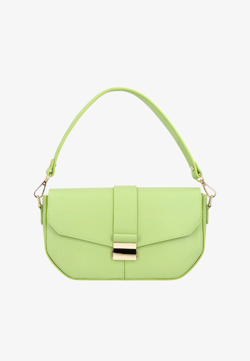 Vihreä keinonahkainen käsilaukku, jossa on kultainen suljin, yksittäinen säädettävä kahva ja kulmikas rakenne. Sileä pinta ja minimaalinen ommeltyö.