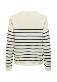 Crème sweatshirt met horizontale marineblauwe strepen, ronde halslijn, lange mouwen en geribbelde manchetten. Zachte textuur met een casual design.