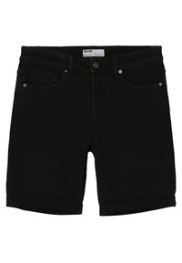 Mustat farkkuhousut, joissa on klassinen viisi-taskutyyli, napitus ja rullatut lahkeet. Materiaalilla on sileä pinta.