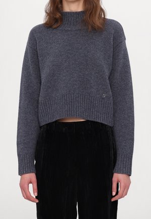 Femme portant un pull court à col roulé gris charbon avec des poignets et un ourlet côtelés, associé à un pantalon en velours noir.