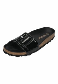 Black patent slide sandal featuring a wide strap with a square buckle, a cork footbed, and a textured black rubber outsole.