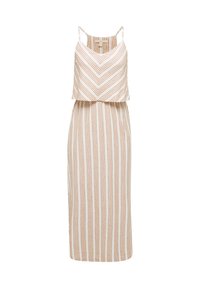 Hihaton, raidallinen mekko beigen ja ruskean sävyissä, joissa on kalanruotokuvio. Kangas vaikuttaa kevyeltä, siluetti on laskeutuva ja päälliosa kerroksellinen.