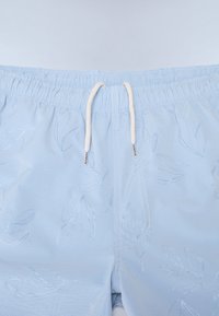 Costume de baie de culoare albastru deschis, confecționat dintr-un material neted, cu un model de dungi verticale și broderie în formă de frunză, având un brau elastic și șnur de ajustare.