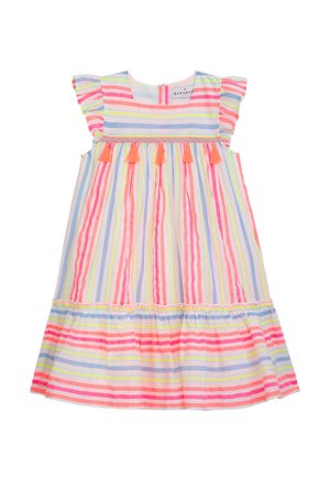 Baumwollkleid mit vertikalen Streifen in Pink, Blau, Gelb und Grün. Verspielte Rüschenärmel, geraffter Oberkörper und Akzente mit orangefarbenen Quasten.