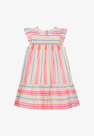 Baumwollkleid mit vertikalen Streifen in Pink, Blau, Gelb und Grün. Verspielte Rüschenärmel, geraffter Oberkörper und Akzente mit orangefarbenen Quasten.