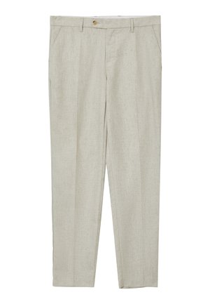 Pantaloni beige chiaro realizzati in un tessuto testurizzato, dotati di due tasche frontali e un bottone singolo in vita.