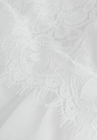 Valge pitskangas, millel on lillemustrid ja peen võrgutextuur, delikaatsed frantsiiridega äärised, luues kihilise välimuse.