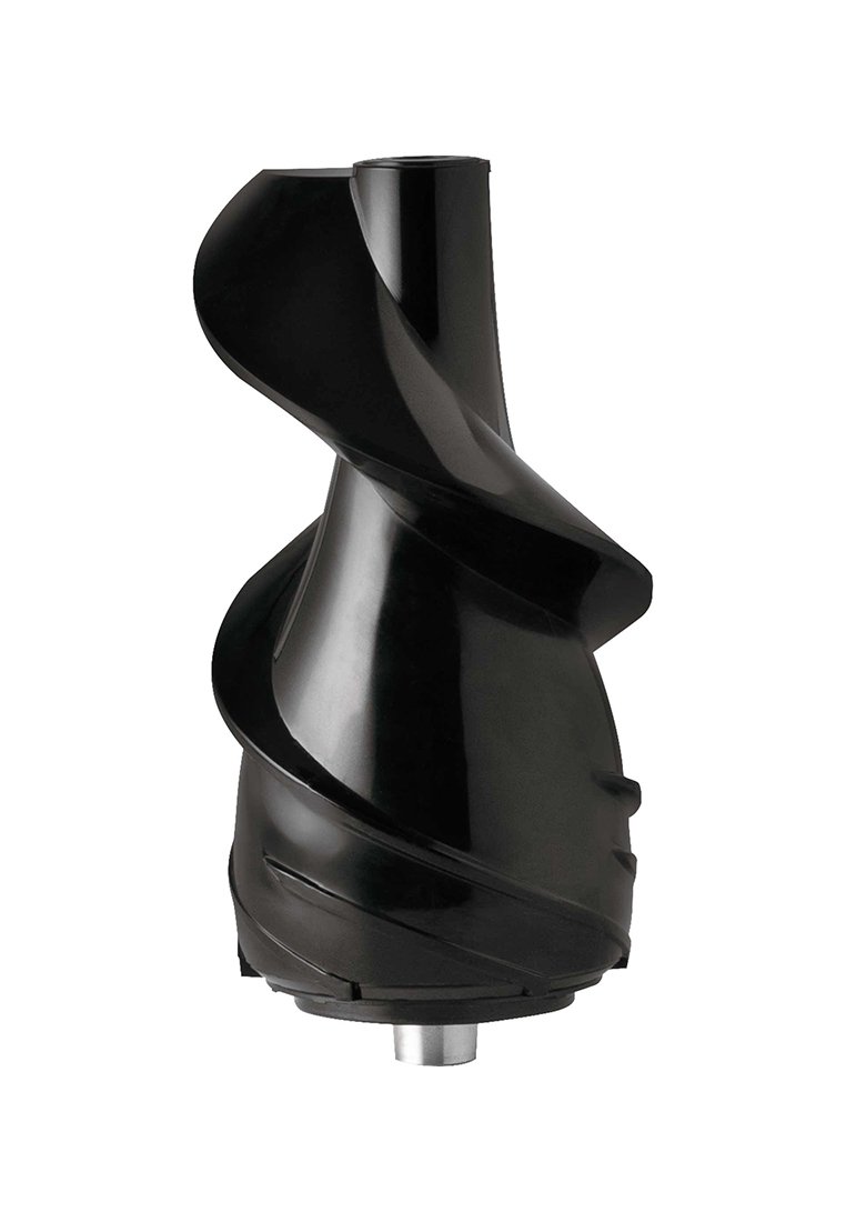 Černý plastový spirálový šnek se středovým kovovým hřídelem, používaný pro zařízení na zpracování potravin nebo odšťavňování.