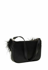 Borsa a spalla in pelle nera con una texture liscia, caratterizzata da dettagli in piuma nera, una sola tracolla e chiusura a zip in tonalità oro.