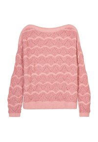 Helles rosa gestricktes Sweatshirt mit Wellenmuster, weitem Ausschnitt, langen Ärmeln sowie gerippten Bündchen und Saum. Strukturiertes Garn sorgt für Wärme.