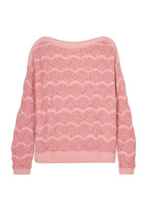 Pull en tricot rose clair avec un motif en vagues, décolleté large, manches longues et bords côtelés aux poignets et à l'ourlet. Le fil texturé apporte de la chaleur.