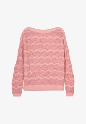 Lichtroze gebreide trui met een golfpatroon, wijde halslijn, lange mouwen en ribben aan de mouwen en onderkant. Textuur van het garen zorgt voor warmte.