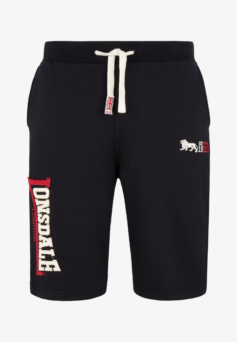 Čierne šortky z bavlny so športovým strihom, elastickým pásom a šnúrkou na stiahnutie. Dizajn obsahuje červené a krémové logo "LONSDALE" na ľavom stehne a ozdobné prvky.