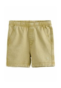 Geel korte broek gemaakt van zachte stof met een elastische tailleband. Bevat twee zijzakken en een klein palmbomenlogo aan de voorkant.