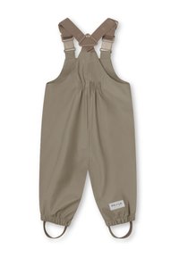 Lysebrune overalls lavet af glat stof, med justerbare stropper, elastisk talje og elastiske manchetter ved anklerne.