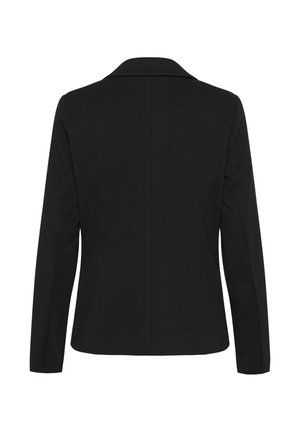 Must mustriga bleiser, millel on pikad varrukad ja nurgeline krae. Omab sujuva tekstuuriga kangast ja keskset õmblust taga.