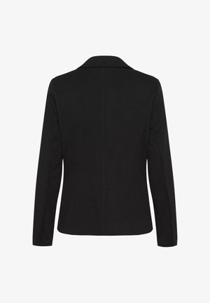 Must mustriga bleiser, millel on pikad varrukad ja nurgeline krae. Omab sujuva tekstuuriga kangast ja keskset õmblust taga.