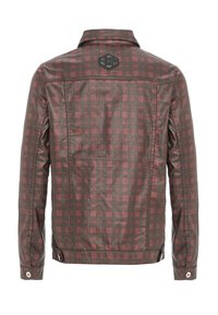 Kariertes Jackett mit einem maroonfarbenen Grunddesign und grünen sowie schwarzen Mustern, aus synthetischem Material gefertigt, mit einem schwarzen Emblem auf der Rückseite und seitlichen Details.