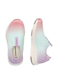 Sneakers ilman nauhoja, joissa on liukuvärjätty verkkokangas vaaleansinisessä, vaaleanpunaisessa ja violetissa, valkoinen välipohja ja karkea kumipohja.