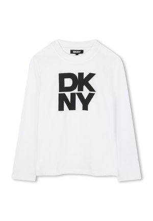 Witte lange mouwen T-shirt gemaakt van katoen, met een groot zwart "DKNY" logo in het midden. Simpel ontwerp met ronde hals, zonder extra patronen.