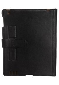 Svart surfplatta fodral med en texturerad yta, som har ett frontlock med en lås och utskärningar för portar. Kanterna är avslutade med släta sömmar.