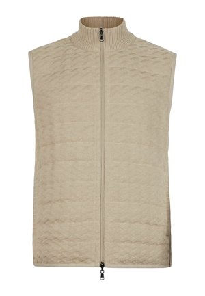 Beige gesteppte ärmellose Weste mit durchgehendem Frontreißverschluss und geripptem Stehkragen, strukturierter Diamantmuster auf dem Stoff.