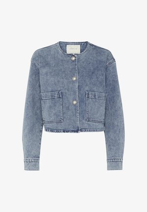 Kergelt sinise värviga lühike teksajakk, millel on ümar kaelus, pärlipainid ja kaks esipaneeli taskut koos õmblusdetailidega.