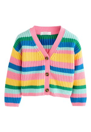 Pletený cardigan s ružovým lemom a gombíkmi, so zelenými, modrými, žltými, ružovými a svetlomodrými horizontálnymi pásmi.