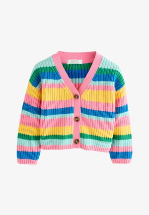 Gestrickter Cardigan mit pinkem Besatz und Knöpfen, mit horizontalen Streifen in Grün, Blau, Gelb, Pink und Hellblau.