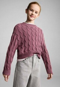 Pulover iz pletene tkanine v umirjeni mauve barvi, z okroglo izrezom in rebrastimi manšetami, oblečen preko svetlo sivih hlač visokega pasu.