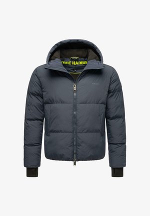 Marineblå pufferjakke med glidelås og hette. Har quiltede paneler, elastiske mansjetter og en kontrasterende indre fôr med logo.