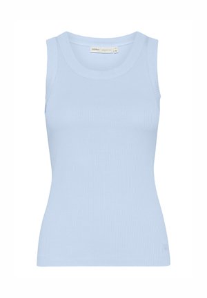 Débardeur bleu clair à côtes, avec un col rond et sans manches, présentant une silhouette ajustée et un matériau en coton élastique.