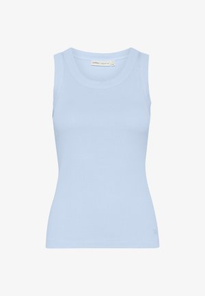 Heled sinine ribaga tang top, ümmarguse kaelusega ja varrukateta disainiga, millel on vormiv siluett ja elastne puuvillane materjal.