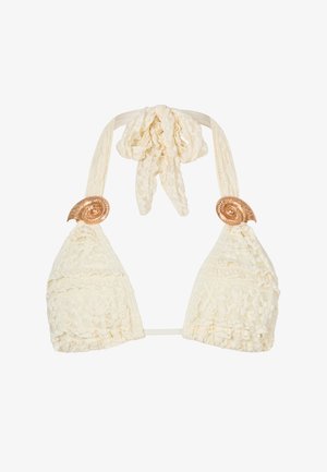 Cremfarbene Spitzen-Bikini-Oberteil mit dreieckigen Cups, strukturierten Rüschen und goldenen muschelförmigen Beschlägen an den Seiten. Verstellbare Nackenbänder.