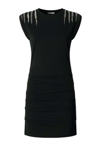 Robe noire sans manches avec épaules matelassées et détails en sequins argentés près de l'encolure et de la partie supérieure de la poitrine.